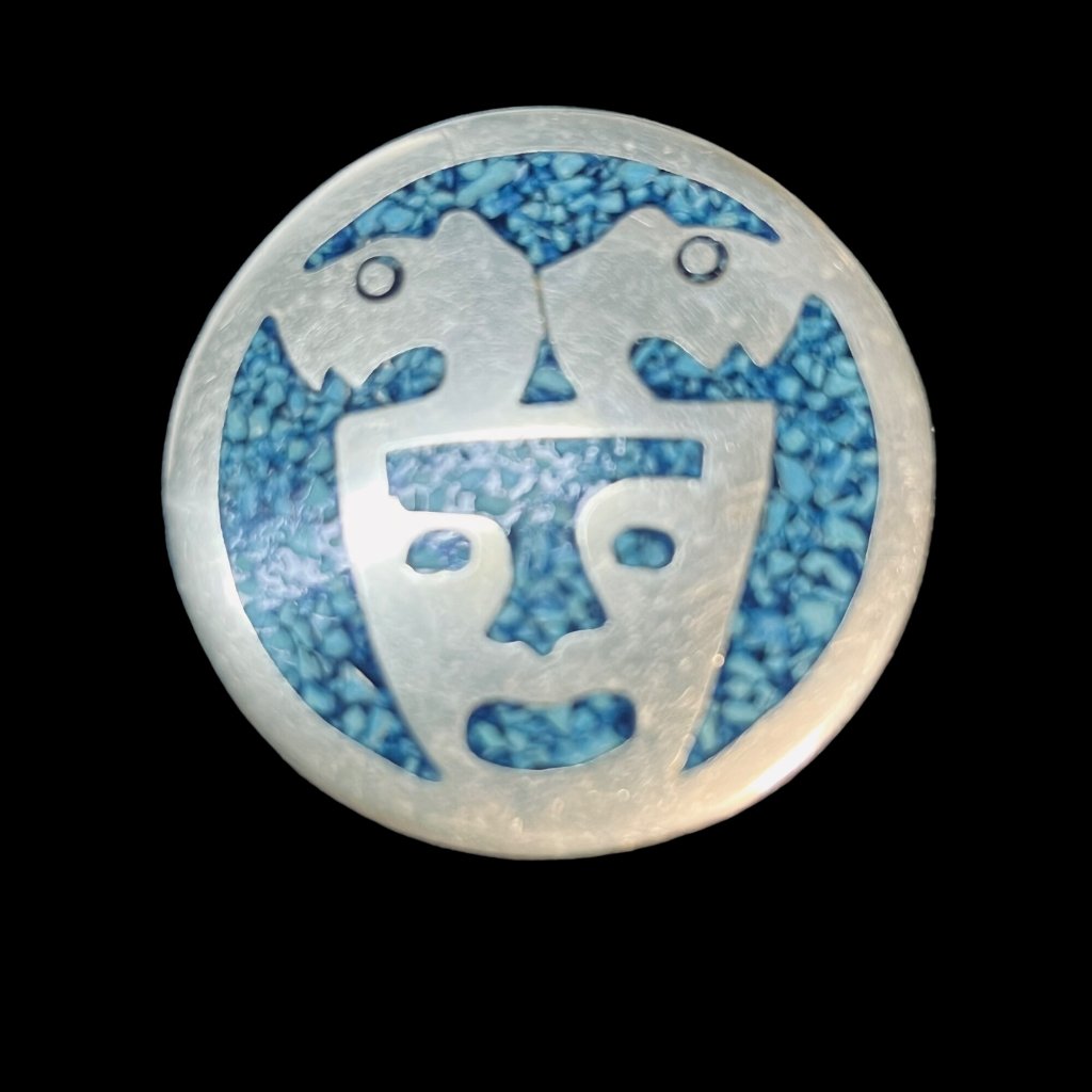 Alpaca Silver With Turquois Chip Inlay Aztec PendantBrooch Signed Alpaca 5191 25$